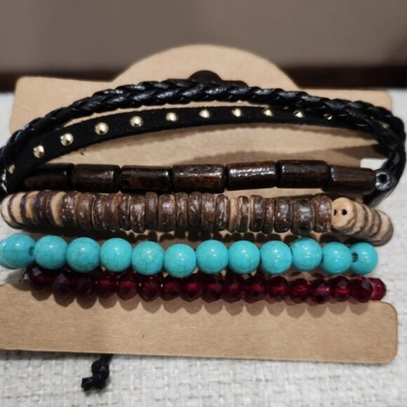 Nwt Unisex Multicolor Beaded and Leather Bracelet Set - Picture 2 of 4